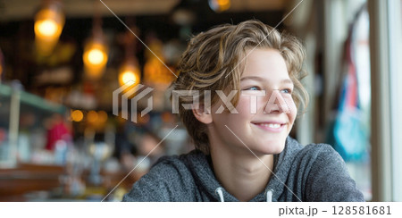 A bright and happy young boy with a genuine smile looks out a window in a warm, cozy indoor setting, reflecting a moment of peace and contentment A bright and happy young boy with a genuine smile looks out a window in a warm, cozy indoor setting, reflecting a moment of peace and contentment 128581681