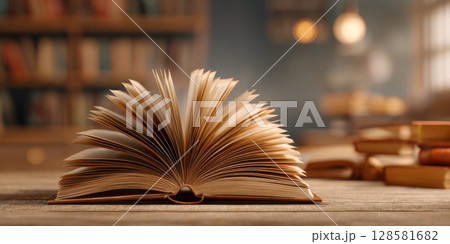 An open book with fanned pages rests on a wooden table, with a blurred background of bookshelves and warm lighting, evoking a sense of knowledge, study, and literary exploration 128581682