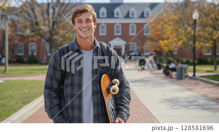 A handsome young man with a radiant smile, carrying a skateboard and a backpack, stands confidently on a college campus with academic buildings and other students in the blurred background 128581696