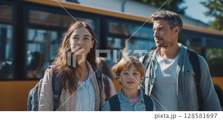 A warm family moment featuring a mother, father, and young son standing together near a school bus, looking ahead with positive anticipation, ready for the day's routine 128581697