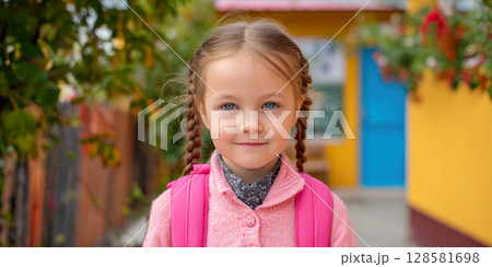 A sweet young girl with braided hair and blue eyes, wearing a pink backpack and sweater, smiles gently at the camera outdoors, ready for a day of school and new experiences 128581698