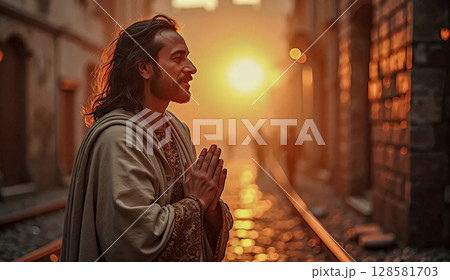 Believer against the backdrop of the sun. A man with hands folded in prayer, wearing a patterned robe, stands on a cobblestone street illuminated by the warm golden glow of the sun. 128581703