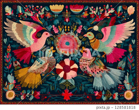 Vibrant Bird Embroidery A Floral Fiesta of Color and Design 128581818