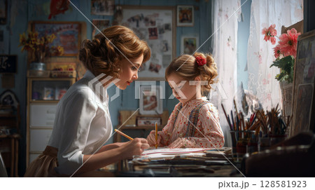 Enchanting Creative Duo: Mother and Child Engaged in Artistic Learning, Fostering Imagination and Development in a Warm Home Setting 128581923