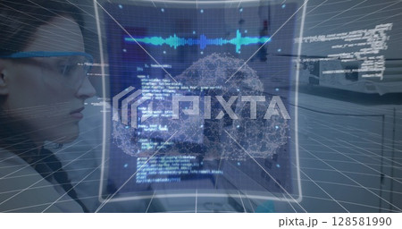 Image of cloud and data processing over caucasian female doctor 128581990