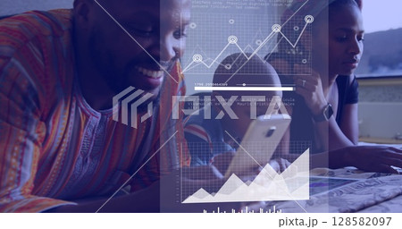 Image of data processing over african american family using technology 128582097