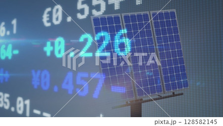 Image of financial data processing over solar panel Image of financial data processing over solar panel 128582145