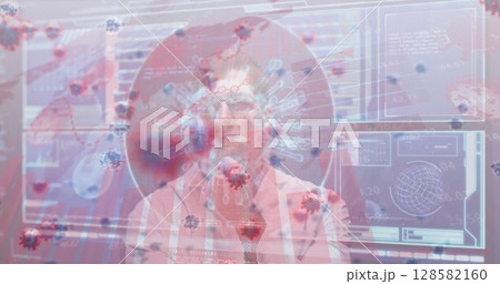 Doctor in lab coat and tie analyzing virus outbreak data in laboratory, with monitors, virus models 128582160
