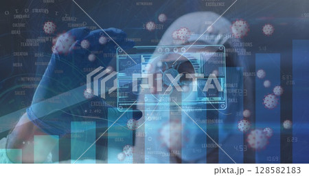 Touching blue-gloved hand exploring holographic virus data in analytics lab, showing bar charts 128582183
