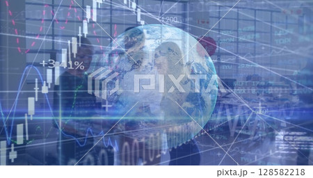 Image of financial data processing over diverse group of business people Image of financial data processing over diverse group of business people 128582218