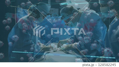 Operating three surgeons conducting surgery in operating room, with instruments and virus overlay Operating three surgeons conducting surgery in operating room, with instruments and virus overlay 128582245