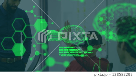 Image of scientific data over diverse businesspeople in vr headsets in office 128582295