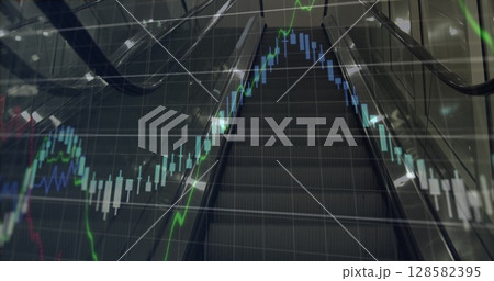 Image of financial graphs and data over escalator Image of financial graphs and data over escalator 128582395