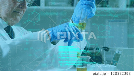 Image of scientific data processing over hands of caucasian senior male lab worker 128582398