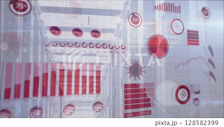 Image of diverse data and viruses over server room 128582399