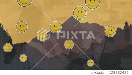 Image of smiley faces floating over landscapeのイラスト素材 [128582425] - PIXTA