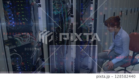 Image of warning text, data processing over computer servers and caucasian female it engineer 128582440
