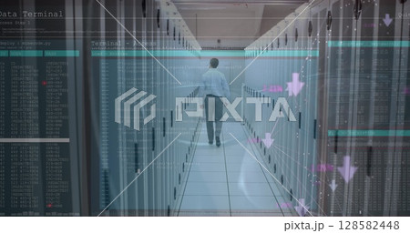 Image of data processing over computer servers and caucasian male it engineer 128582448