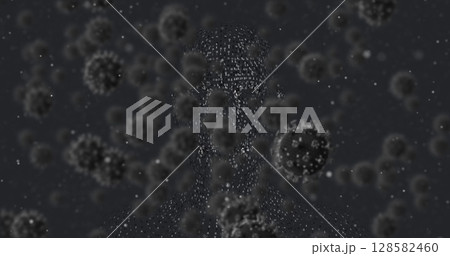 Image of covid 19 cells falling over dark background 128582460