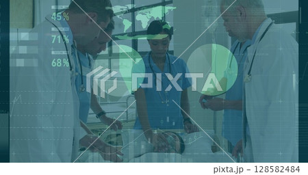 Image of data processing over diverse group of doctors Image of data processing over diverse group of doctors 128582484