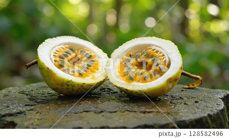 Halved Passion Fruit Yellow Pulp Tropical Detail	 128582496