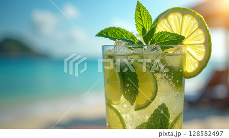 Mojito Cocktail Macro with Crushed Ice, Mint Detail, and Lime Sparkle in Tropical Light 128582497