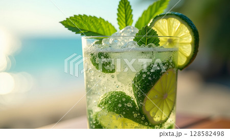 Mojito Macro in Sunlight with Crushed Ice, Mint Texture, and Sparkling Lime Detail 128582498