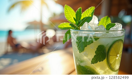 Macro Closeup of Mojito Cocktail with Mint, Lime, and Crushed Ice in Sunlight 128582499