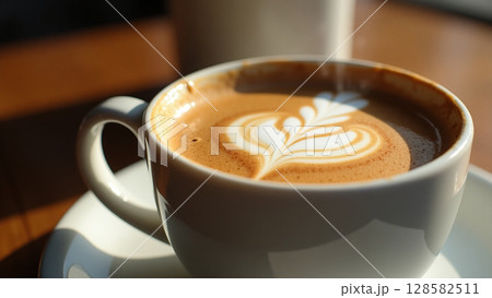 Heart Latte Art Cappuccino in Warm Morning Cafe Light 128582511