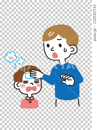 A father applying a cooling sheet 128582532