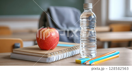 A crisp red apple, bottle of water, notebooks, pencils, eraser neatly arranged on school desk, with blurred classroom background. Ideal for themes of education, healthy habits, readiness for learning A crisp red apple, bottle of water, notebooks, pencils, eraser neatly arranged on school desk, with blurred classroom background. Ideal for themes of education, healthy habits, readiness for learning 128582563