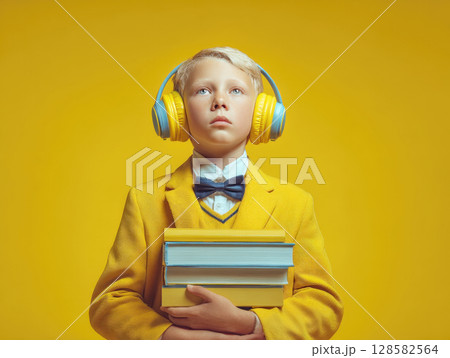 Young boy in yellow jacket, bowtie, wearing headphones, holding books, looking upwards with yellow background. Ideal for themes of education, technology in learning, intellectual curiosity 128582564