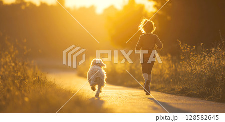 A child and their shaggy dog playfully run down a sunlit path at golden hour, embodying freedom, companionship, and the joy of outdoor activity A child and their shaggy dog playfully run down a sunlit path at golden hour, embodying freedom, companionship, and the joy of outdoor activity 128582645