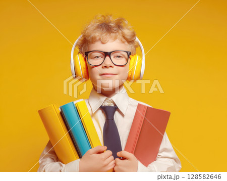 A smiling child in glasses and headphones, holding a stack of colorful books, stands confidently against a bright yellow background, embodying youthful intellect and readiness for education A smiling child in glasses and headphones, holding a stack of colorful books, stands confidently against a bright yellow background, embodying youthful intellect and readiness for education 128582646