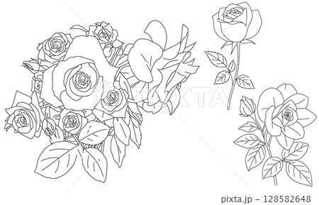 ぬりえや装飾デザインに使いやすい、バラの線画イラストセット | シンプルなモノクロのタッチ ぬりえや装飾デザインに使いやすい、バラの線画イラストセット | シンプルなモノクロのタッチ 128582648