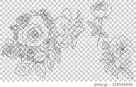 ぬりえや装飾デザインに使いやすい、バラの線画イラストセット | シンプルなモノクロのタッチ ぬりえや装飾デザインに使いやすい、バラの線画イラストセット | シンプルなモノクロのタッチ 128582648