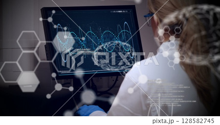 Image of science data processing over female caucasian scientist 128582745