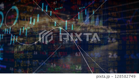 Image of financial data processing over cityscape Image of financial data processing over cityscape 128582749