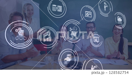 Image of financial icons over diverse group of business people Image of financial icons over diverse group of business people 128582754