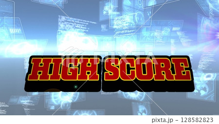 Image of high score text over scope scanning and data processing 128582823