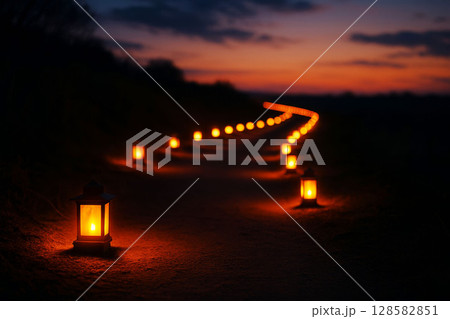 Row of glowing lanterns along path at sunset, creating warm and peaceful atmosphere in the evening. 128582851
