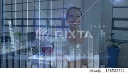 Image of financial data processing over caucasian businesswoman 128582861