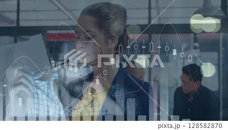 Image of financial data processing over caucasian businesswoman 128582870