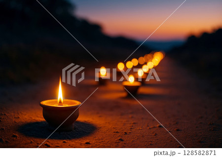 Oil lamps lit along path at dusk, glowing in warm light, creating peaceful and serene atmosphere for celebration or prayer 128582871