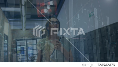 Image of financial data processing over caucasian businesswoman 128582873