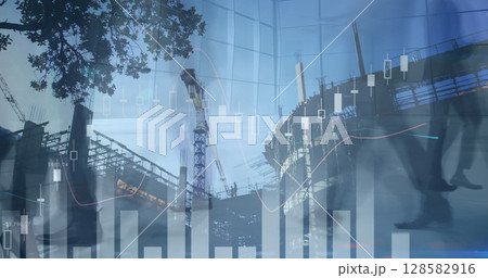 Image of financial data processing over walking crowd 128582916