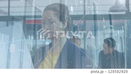 Image of financial data processing over caucasian businesswoman 128582920