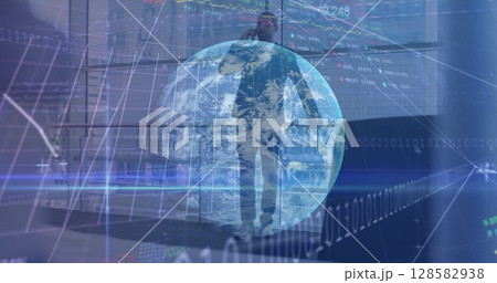 Image of financial data processing and globe over biracial businessman using smartphone Image of financial data processing and globe over biracial businessman using smartphone 128582938