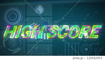 Image of high score text over scope scanning and data processing Image of high score text over scope scanning and data processing 128582953