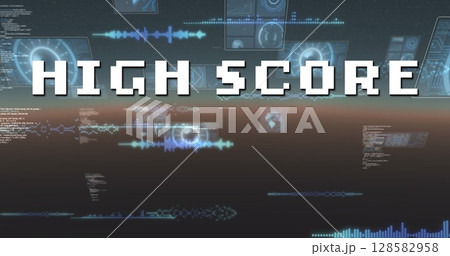 Image of high score text over scope scanning and data processing 128582958